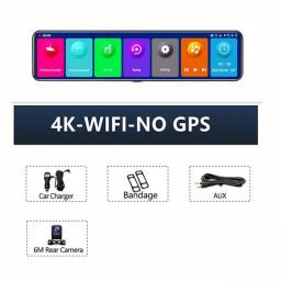 Car Camera Dash Cam 12 Inch 4K  Carplay & Android Auto 2160P Rearview Mirror Video Recording WIFI Loop Record Phone APP Car DVR