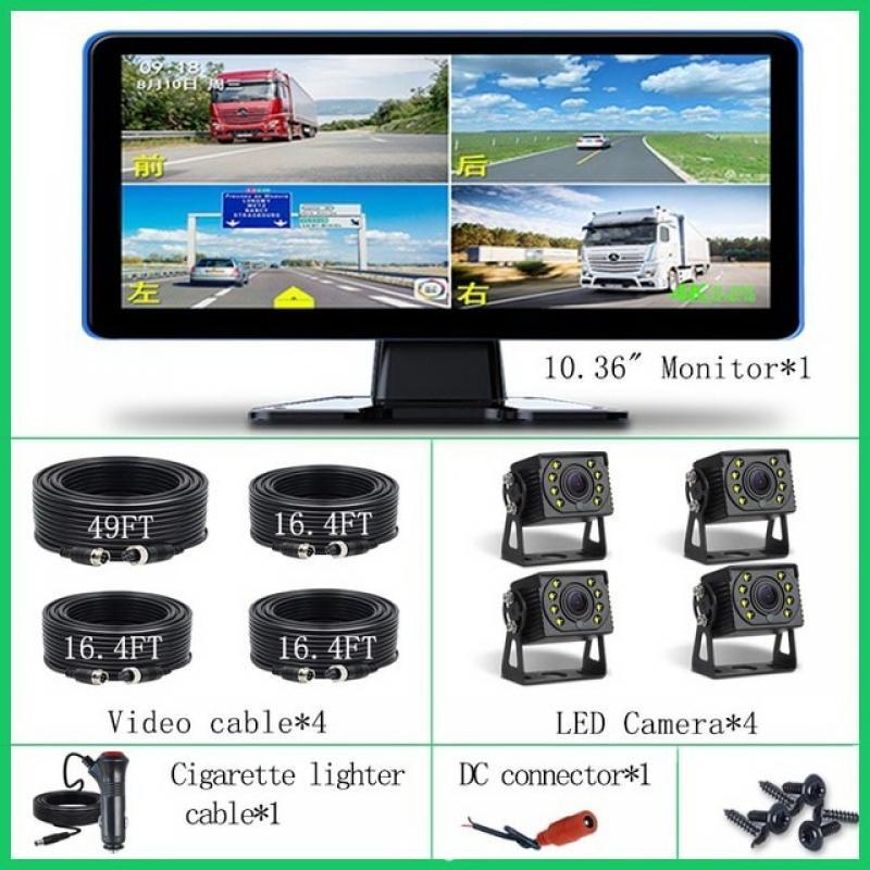 QXNY 10.36“ Touch 4CH Split Screen Car DVR Recorder Monitor Recorder With AHD Backup Camera For RVs/Truck/Bus/Pickups/Trailer