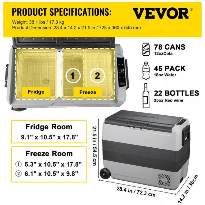 VEVOR 36L 50L 60LCar Refrigerator Portable Fridge Freezer Cool Box With Wheel and Draw Bar Dual Zone for Camping Picnic Caravan