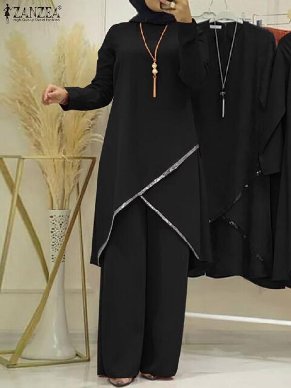 ZANZEA Women Loose Matching Sets Muslim Long Sleeve Blouse Abaya Suits Sequins Islamic Clothing 2PCS Fashion Urban Tracksuit