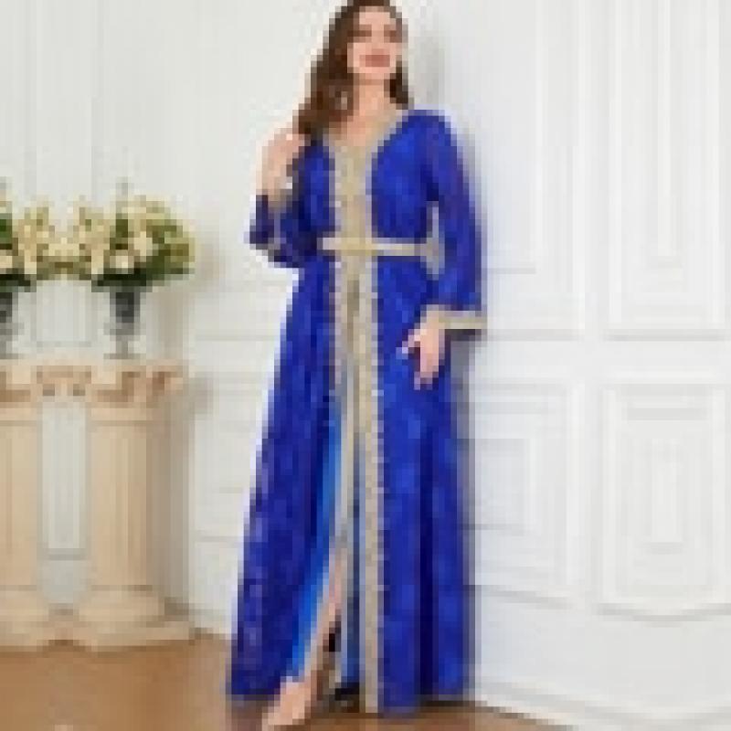 Elegant Casual Women's Dresses Abayas For Women Muslim 2 Pieces Set Floral Embroidery Guipure Lace Insert Belted Kaftan