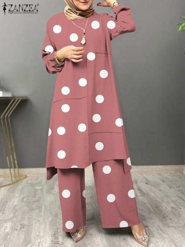 ZANZEA Womens Muslim Autumn Vintage Printed Sets Casual Loose Urban Tracksuit Turkey Islamic Clothing Two Piece Sets Outifits