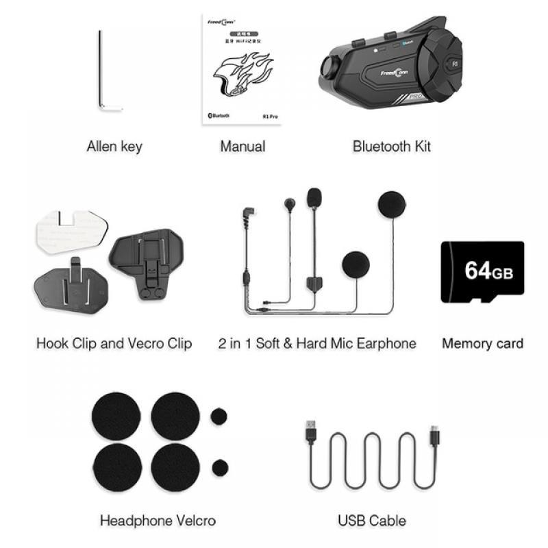 R1 PRO 5.0 Bluetooth Motorcycle Intercom Helmet Headset Wireless Waterproof 6 Riders 1440P 2K Video WiFi Motorcycle Dash Cam Dvr