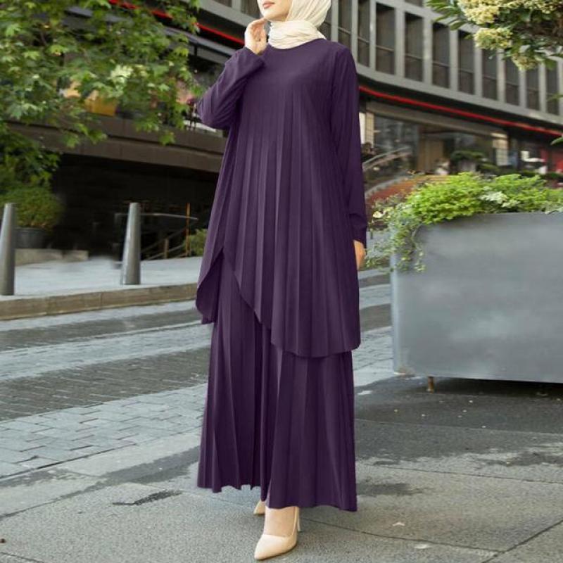 Women Muslim Sets Islamic Clothing Plain Suits Morocco Turkish Pleated Full Sleeve Tops Wide Legs  abaya 2 piece set