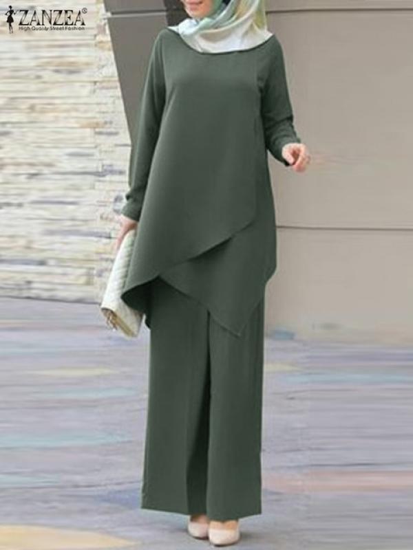 Muslim Fashion Matching Set Women Full Sleeved Blouse and Solid Loose Pants ZANZEA Turkish Abayas Kaftan Ramadan Isamic Clothing