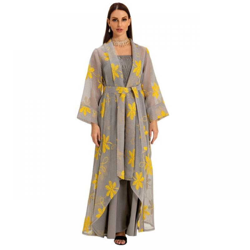 Abaya New 2022 Embroidery Chic and Elegant Woman Dress Mesh Cardigan Belted Kaftan and Solid Gray Camisole Dress Muslim Sets