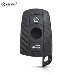 KEYYOU For BMW 1 3 5 6 Series E90 E91 E92 E60 Fob 3 Buttons Car Silicone Key Holder Cover Keychain Carbon Fiber Car Key Case
