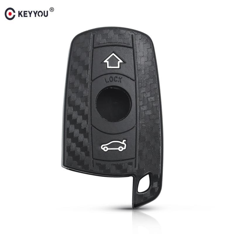 KEYYOU For BMW 1 3 5 6 Series E90 E91 E92 E60 Fob 3 Buttons Car Silicone Key Holder Cover Keychain Carbon Fiber Car Key Case