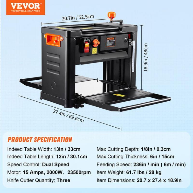 VEVOR Electric Thickness Planer Benchtop 13inch Wood Planer with Three Blades Two Speed 15-Amp 2000W for DIY Woodworking Planing