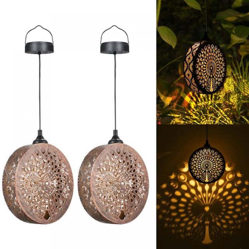 2 Pack Outdoor Solar Hanging Lantern Lights, Metal LED Waterproof Decorative Light with Hollowed-Out Peacock Design for Garden P
