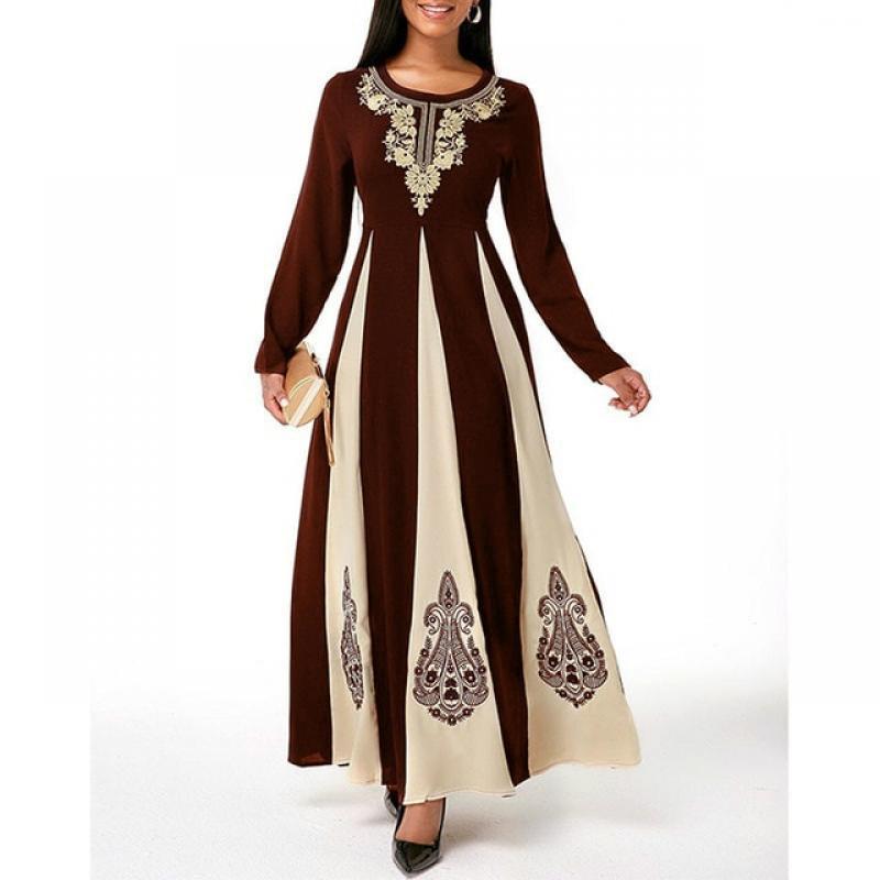 New Elegant Muslim Dress for Women Fall O Neck Long Sleeve Islamic Arabic Abaya Robe Patchwork Print Turkey Eid Mubarak Vestido