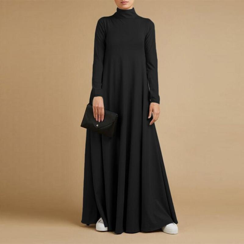 Muslim Dresses Abayas for Women Vintage Solid Maxi Dress Women's Turtleneck Sundress Casual Long Sleeve Maxi Vestidos S-5XL