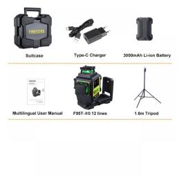 FIRECORE F95T-XG 12 Line 3D Green Laser Level 360 Rechargeable Li-ion Battery Self-Leveling Nivel Láser Integrated L-Bracket