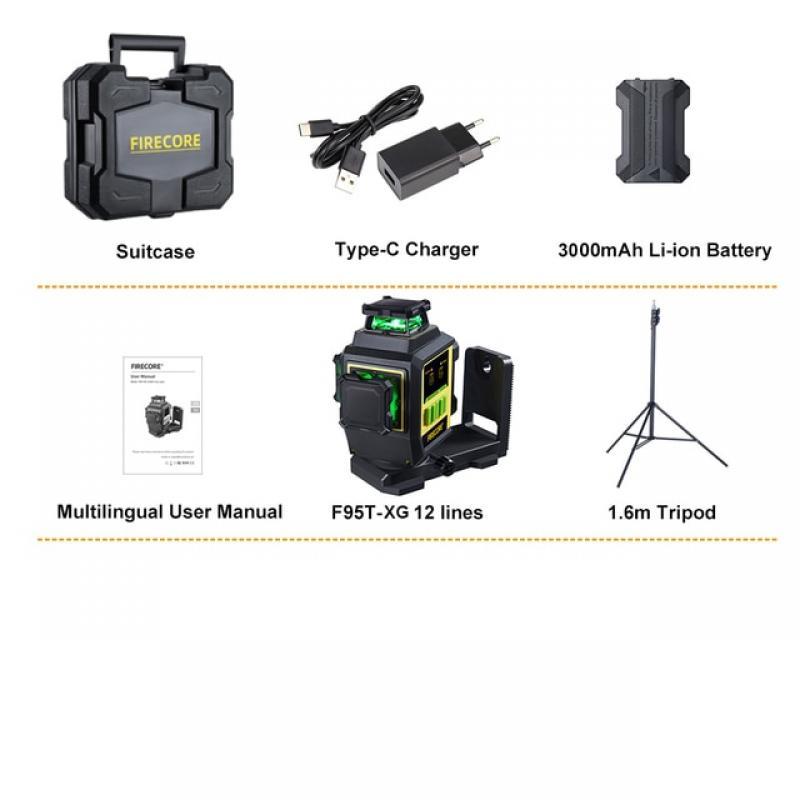 FIRECORE F95T-XG 12 Line 3D Green Laser Level 360 Rechargeable Li-ion Battery Self-Leveling nivel láser Integrated L-Bracket