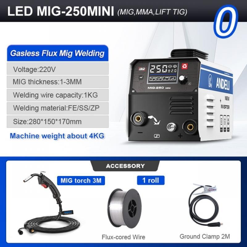 ANDELI LED SCREEN 220V MIG-250LED Lift TIG MMA MIG 3 in 1 Welding without Gas Flux Core Wire Multifunctional MIG Welding Machine
