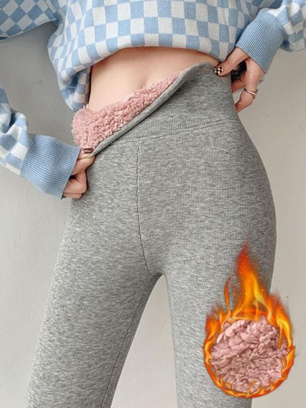 Syiwidii -30­°C Thicken Warm Lambwool Leggings Women Skinny Pants High Waisted Elastic Band Fleece Soft Basic Leggins Gray Black