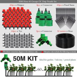 25/50M Automatic Garden Irrigation Watering System Vegetables Flowers Drip Kit Adjustable Nozzle 1/4'' PVC Hose Coupling Adapter