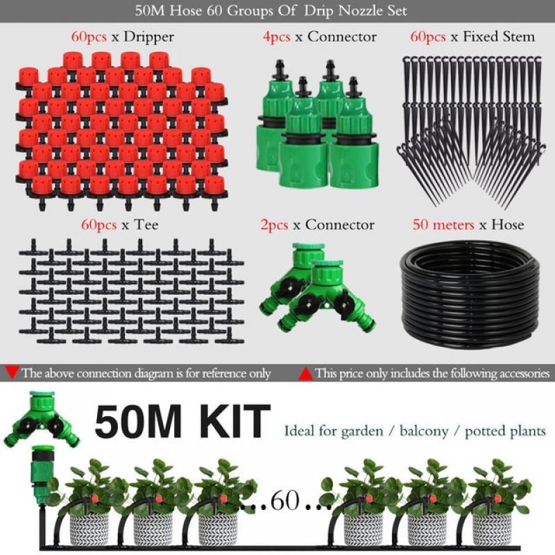 25/50M Automatic Garden Irrigation Watering System Vegetables Flowers Drip Kit Adjustable Nozzle 1/4'' PVC Hose Coupling Adapter