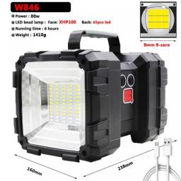 Super Bright LED Double Head Searchlight Handheld Flashlight Outdoor Work Spotlight Floodling Light XHP70 Torch Usb Rechargeable