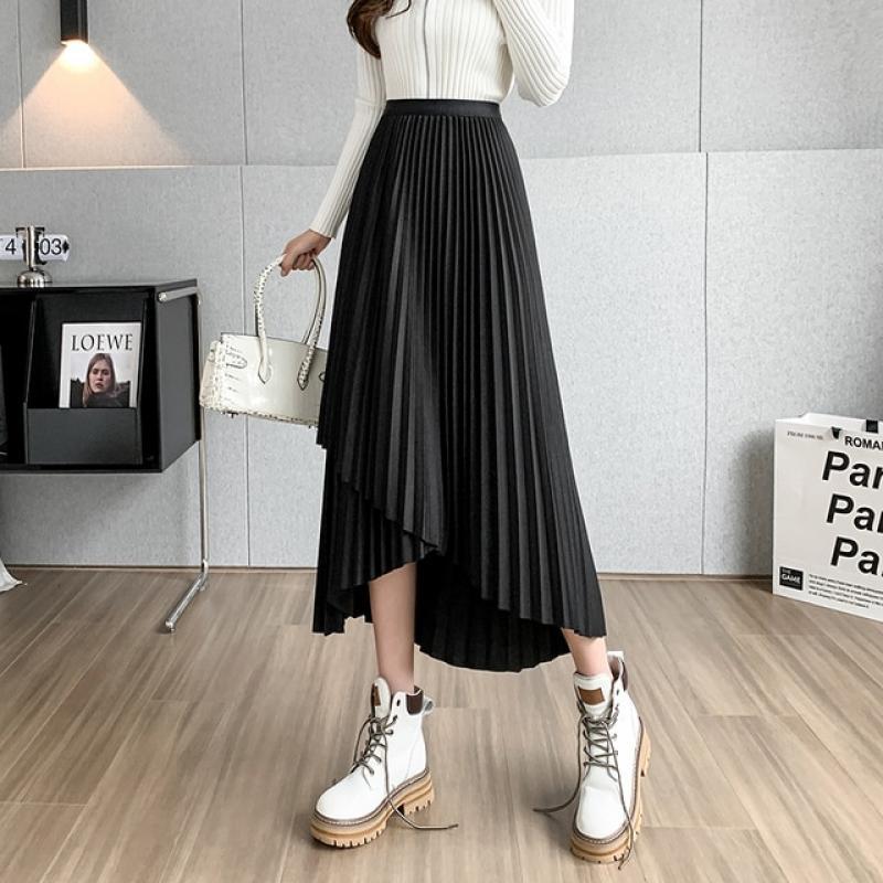 Women Autumn Long Pleated Skirts Elegant Elastic High Waist Loose Skirts Slim Harajuku Irregular Vintage Skirts Solid Color N973