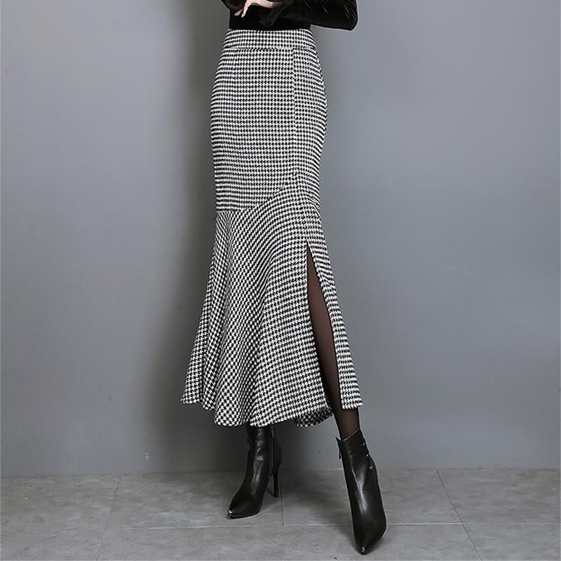 Thousand Bird Checker Woolen Fishtail Skirt Autumn and Winter Wrap Hip Long Skirt Large Spot Ruffle Skirt