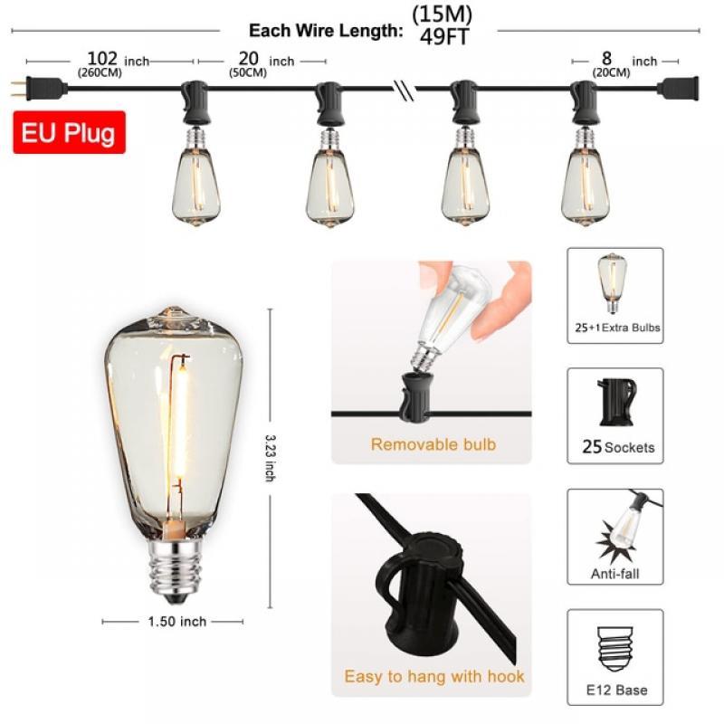 Shatterproof ST38 Plastic Outdoor String Lights Waterproof LED Outdoor Light Garland Connectable LED Chain Lighting Patio Decor