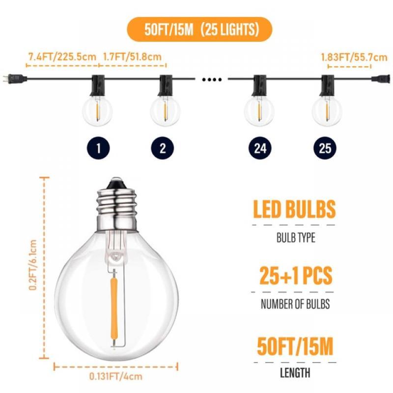 LED G40 Bulb String Lights 50 FT Waterproof Indoor Outdoor Garden Garland String Lights Terrace Bar Christmas Party Decoration