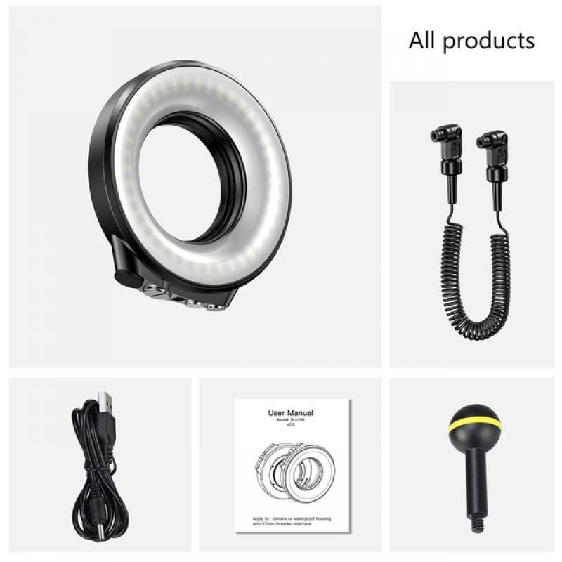 1200LM Ring Flash Light For Camera 5 Modes 4 Colors for 67mm Lens Interface With USB Charge RGB Waterproof Underwater Light