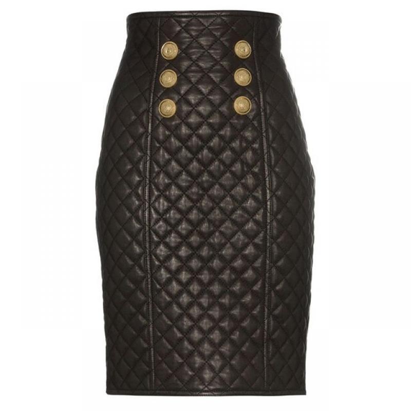 HIGH QUALITY Black Quilted Lining Skirt Winter Classic Lion Buckle Stitching Rhombic Zipper High Waist PU Leather Women Skirts