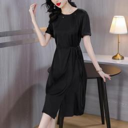 2023 Women's Silk Dress Solid Flower Decoration O-Neck Short Sleeve Summer Mulberry Silk Loose Size Medium Length Slim Long Robe