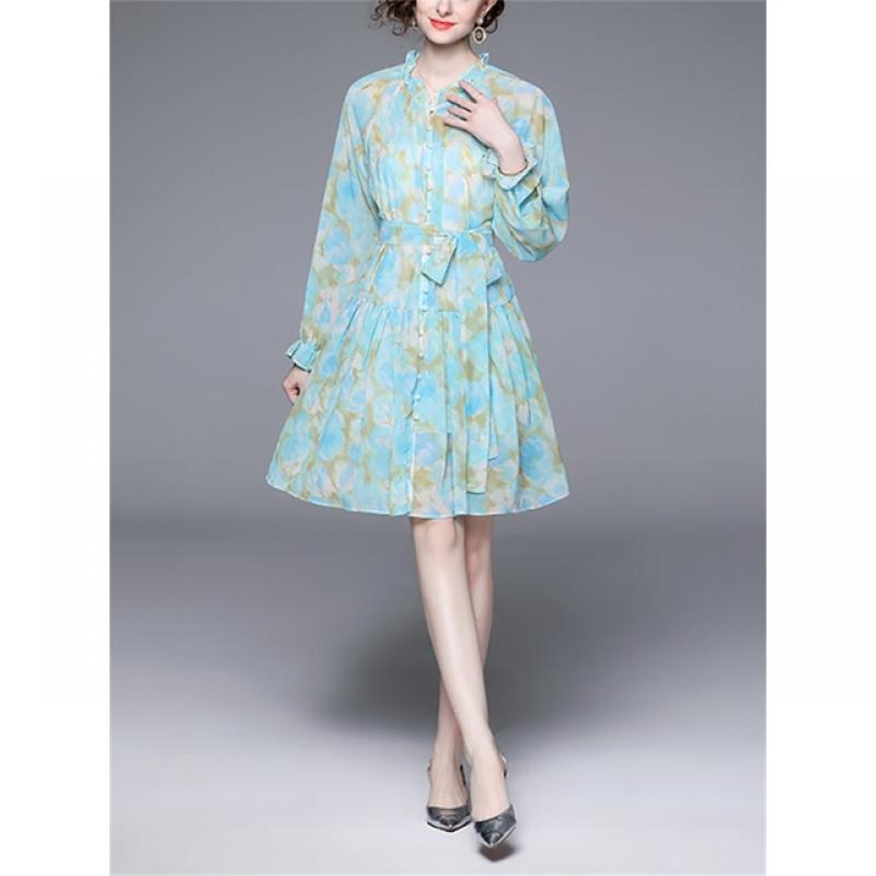 Yitimuceng Vintage Dress for Women 2023 New Fashion Lantern Sleeve Turtleneck Chic Printing Dress High Waist Ruffle Loose Dress