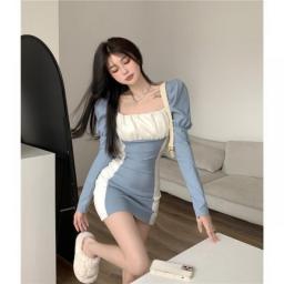 WTEMPO French Long Bubble Sleeved Square Neck Dress With Waistband Tight And Sexy Mini A-line Dresses New Spring And Autumn 2023