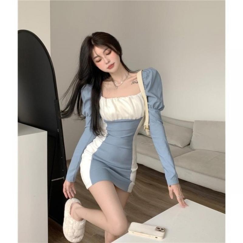 WTEMPO French Long Bubble Sleeved Square Neck Dress with Waistband Tight and Sexy Mini A-line Dresses New Spring and Autumn 2023
