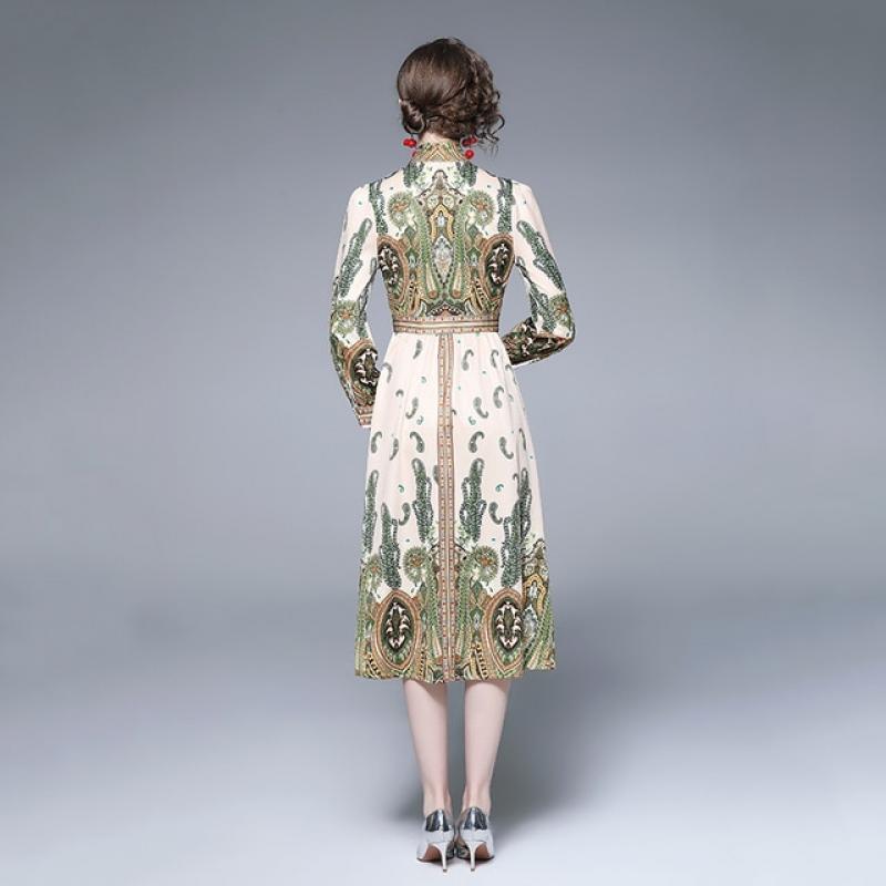 Yitimuceng Print Dress for Women 2023 New Fashion Bow Paisley High Waist Long Sleeve Dress Chic Vintage Loose Pullover Dress