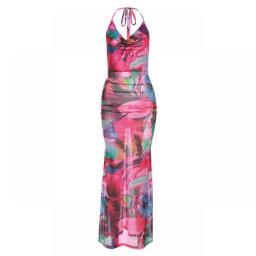 Sexy Printed Halter Backless Skinny Long Dress Women See Through Lace Up Hip Package Pleated Female Dresses Elegant Evening Robe