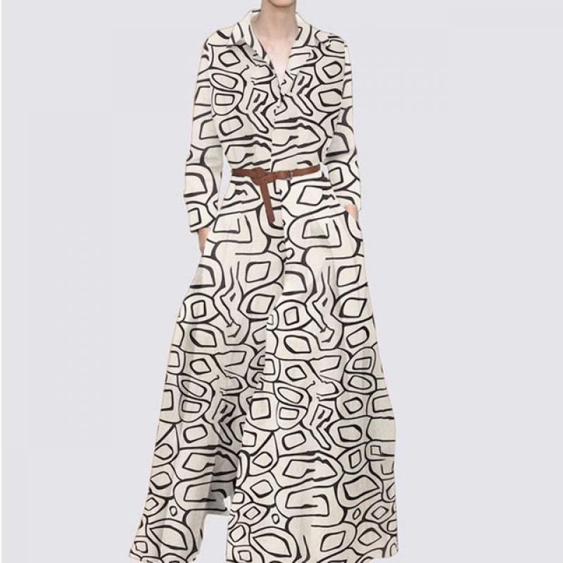 Lapel Collar Printing Long Sleeved Female Dress 2023 New Autumn Bohemia Holiday Style No Belt Women's Fashion Longuette