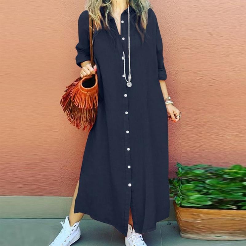 Cotton Linen Commuting Temperament Solid Color Simple Versatile Dress 2023 Polo Neck Long Sleeved Loose Cardigan Shirt Dresses