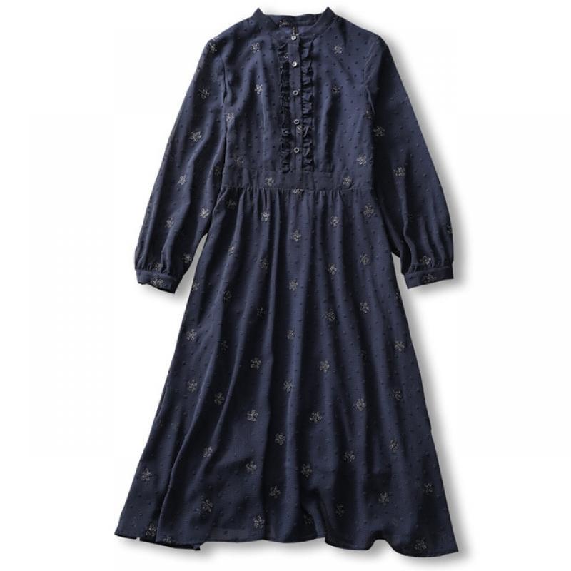 Vimly Elegant Long Sleeve Midi Dresses for Women 2023 Spring Autumn Elastic Waist Swing Flowy Embroidery Floral Chiffon Dress