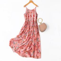 Birdtree 100PercentMulberry Silk Butterfly Sweet Dresses Women O-neck Big Hem Vacation Spaghetti Strap Long Dress Summer 2023 D37743QM
