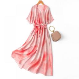 Birdtree 100PercentMulbery Crepe Silk Women Midi Dress Pink Printed V Neck Short Sleeve Belted Waist Long Dress Summer New T37763QM