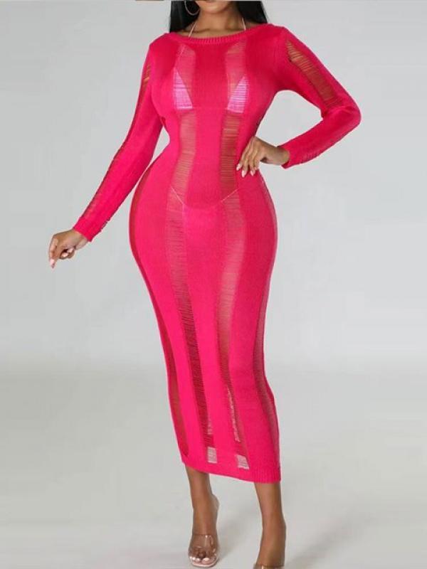 Fashion Hollow Out Beach Dress Women Long Sleeves Backless Midi Dresses 2023 Chic Stretch Ladies Slim Fit Solid Vestidos