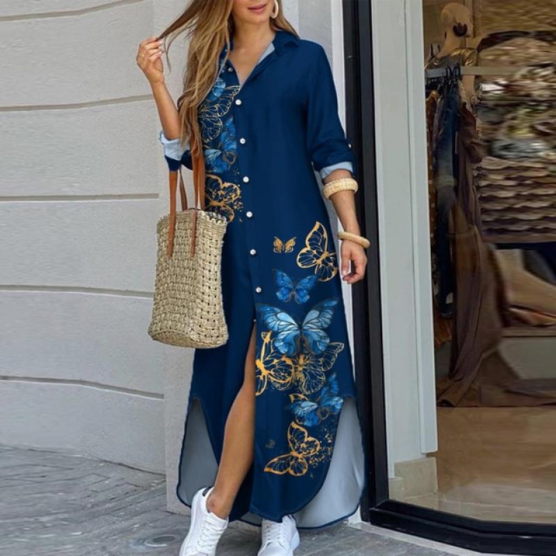 Elegant Autumn Button Slit Loose Maxi Dress Women Butterfly Print Long Sleeve Dress Fashion Lapel Long Sleeve Office Shirt Dress