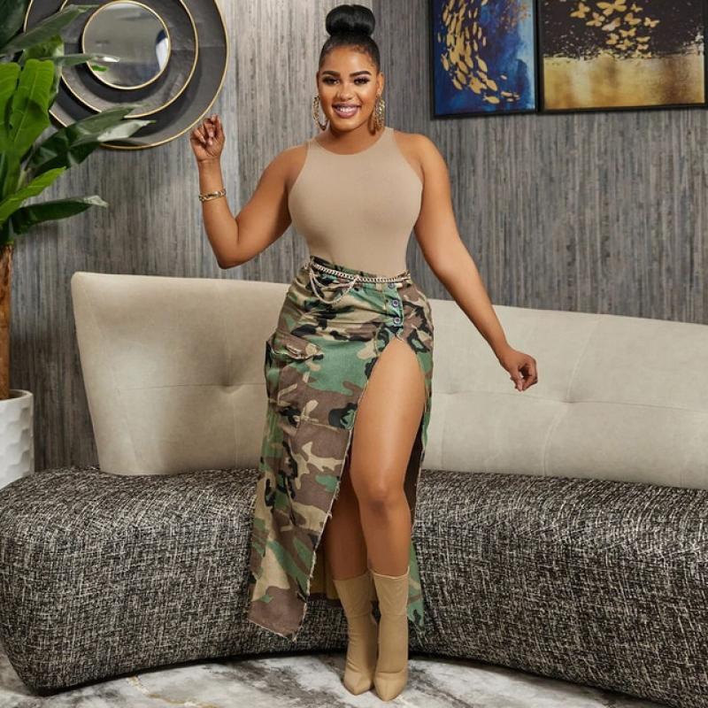 WUHE Fashion Camouflage Button Waist High Side Slit Slim Maxi Long Skirt 2023 Women Streetwear Female Classic Cargo Skirt