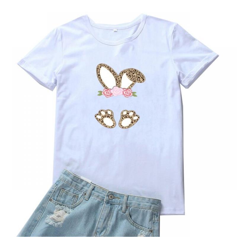 Leopard Rabbit Women T Shirts Cute Cartoon Animal Pattern T-shirts Women Loose O-neck Tshirt Women Kawaii Graphic Tee Mujer