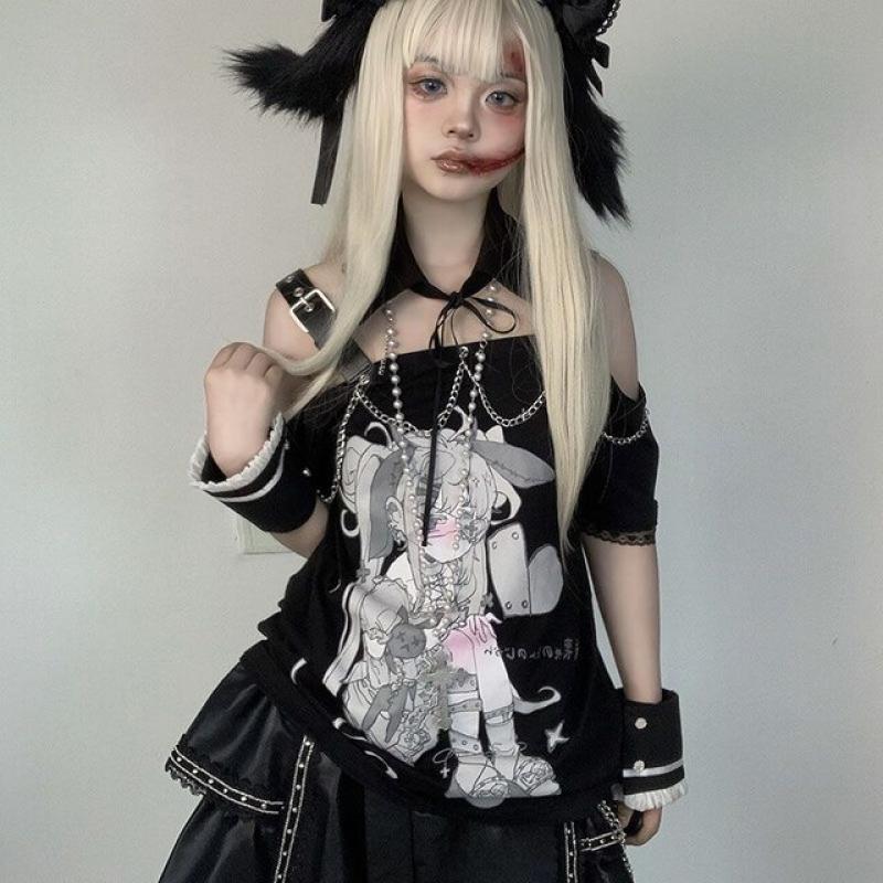 QWEEK Y2k Kawaii Anime Printed Tshirt Women Harajuku Goth Graphic T Shirts Aesthetic Off Shoulder Tops Sweet Cute Tees Summer