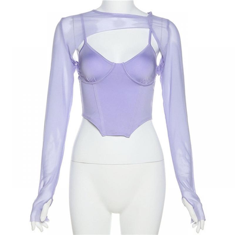 Purple Mesh Long Sleeve Crop Top Autumn Winter Sexy Strap Bodycon Tops for Women Fashion Elegant Club Party Top 2023 Outfits