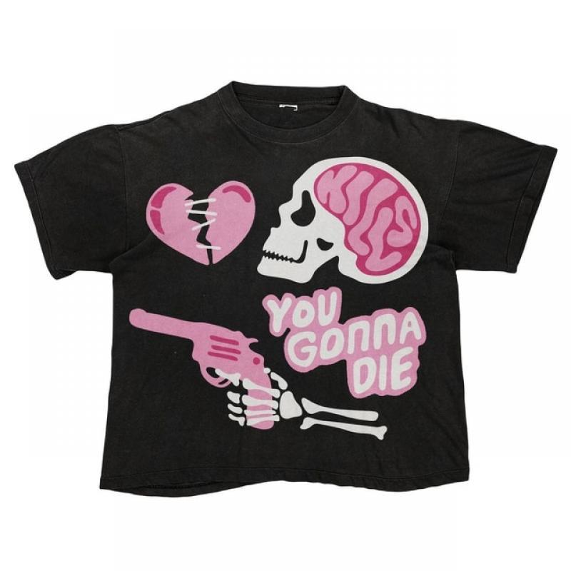 2023 INS Summer Fun Funny Gothic Skull Text Printing Short Sleeve Y2K Men and Women Casual Breathable Loose Personality T-shirt