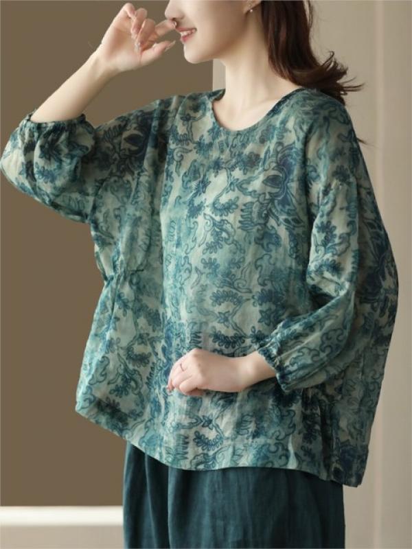 Johnature Women Vintage Linen Print Floral T-Shirts O-neck Seven Sleeve Soft Summer Tees 2023 New Loose Women Casual T-Shirts