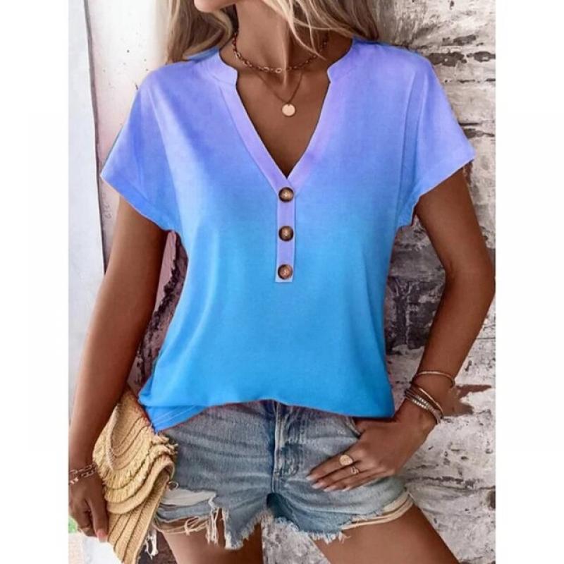 2023 Spring/Summer New Product Women's Fashion Gradient Printing Twist Button Casual Short Sleeve T-Shirt Sexy V-Neck Top