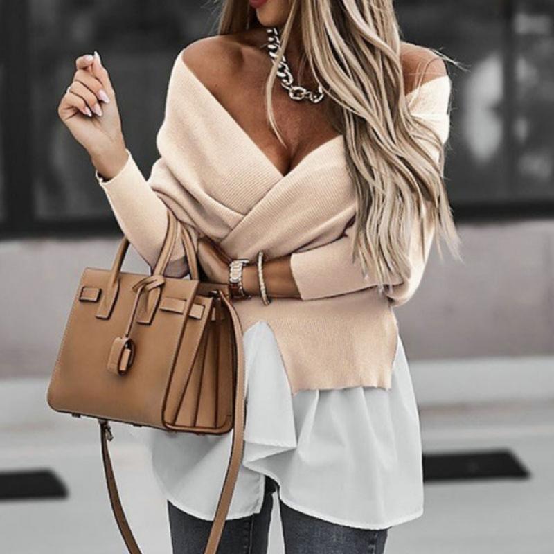 Elegant Women V Neck Backless Tops Shirt Ribbed Knitted Patchwork Ruffle Blouses Women Lantern Sleeve Wrap Irregular Blusa